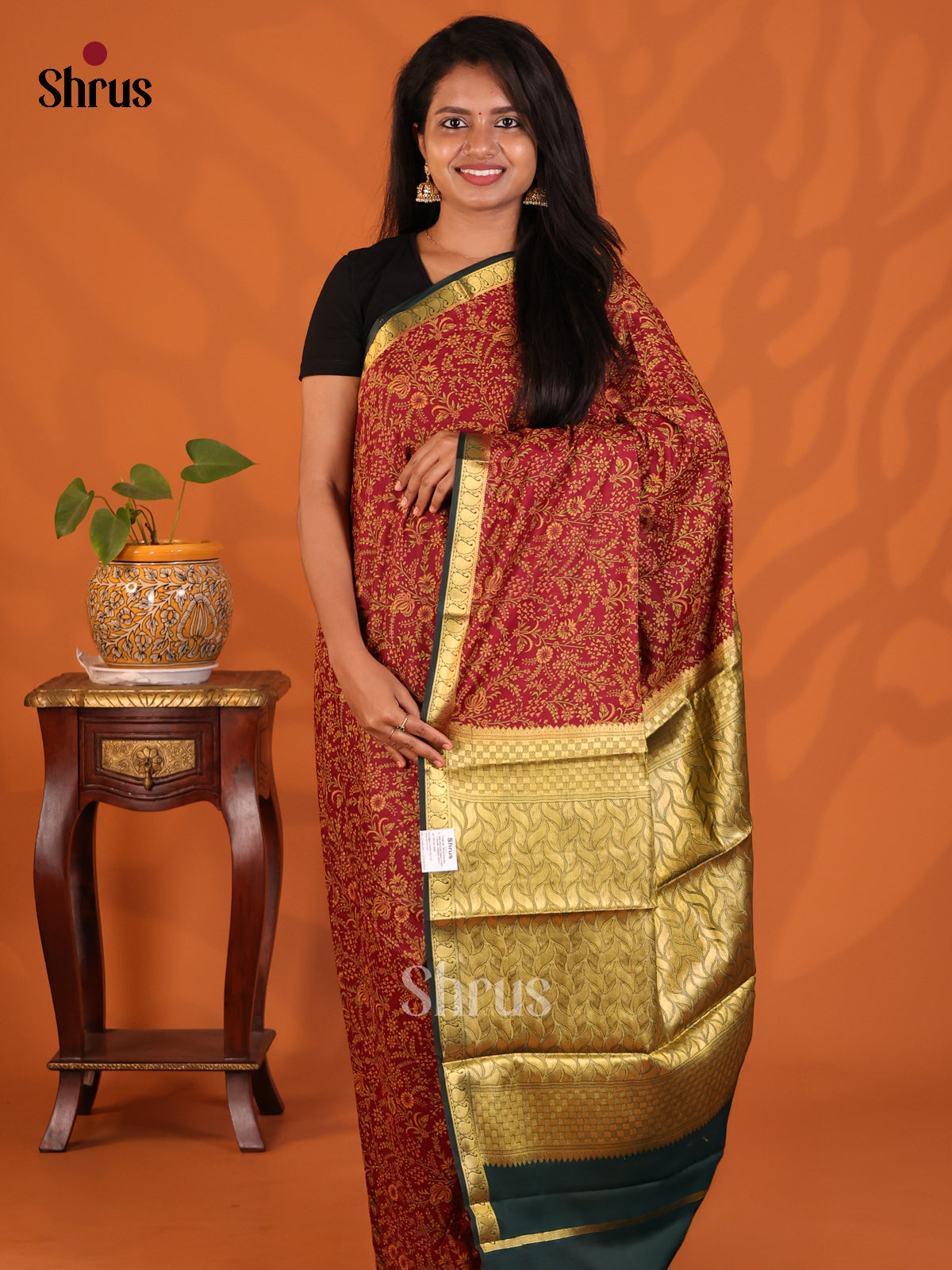 Maroon with Green - Semi Mysoresilk Saree - Shop on Shrus.com