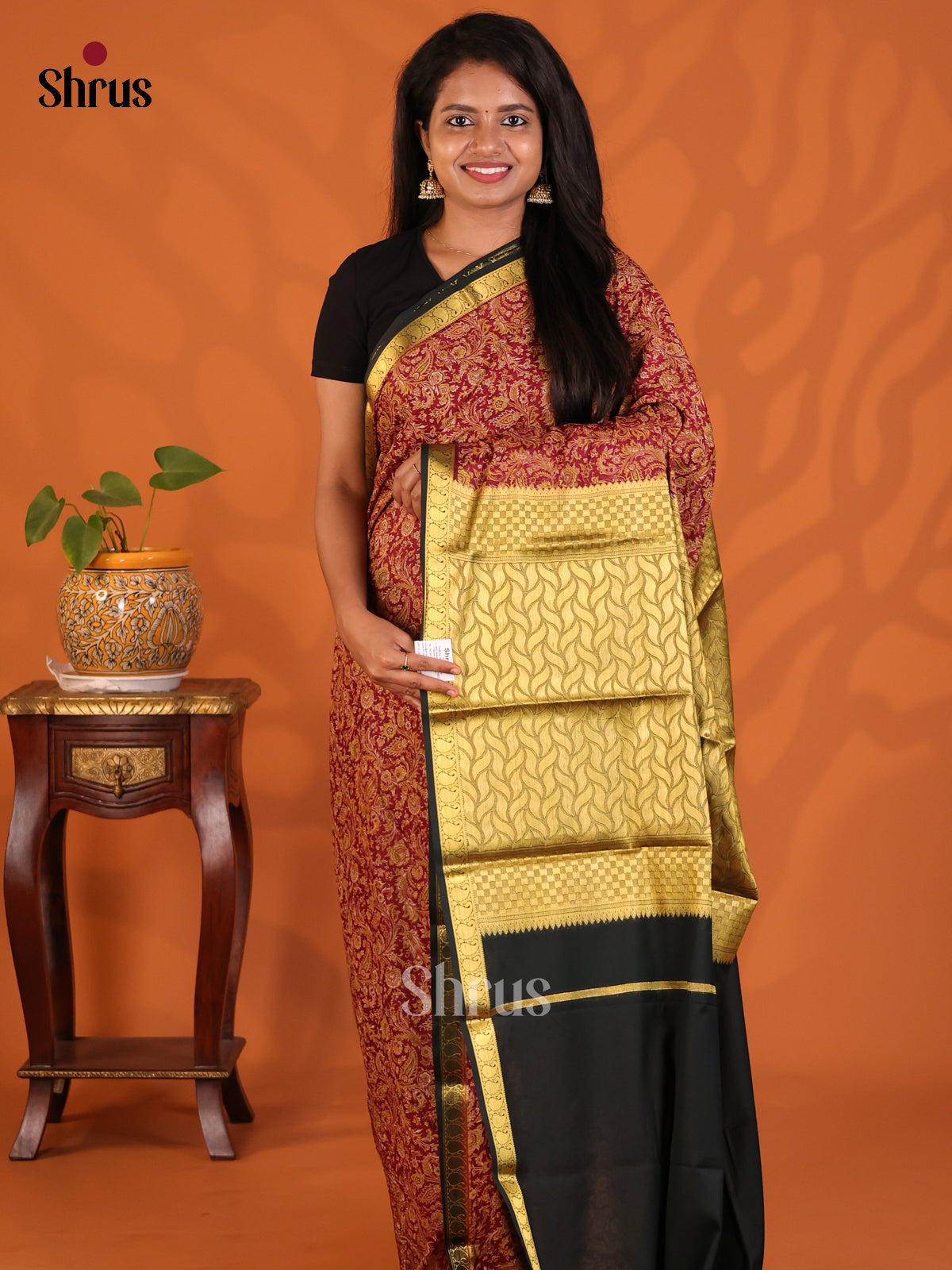 Maroon with Black - Semi Mysoresilk Saree - Shop on Shrus.com
