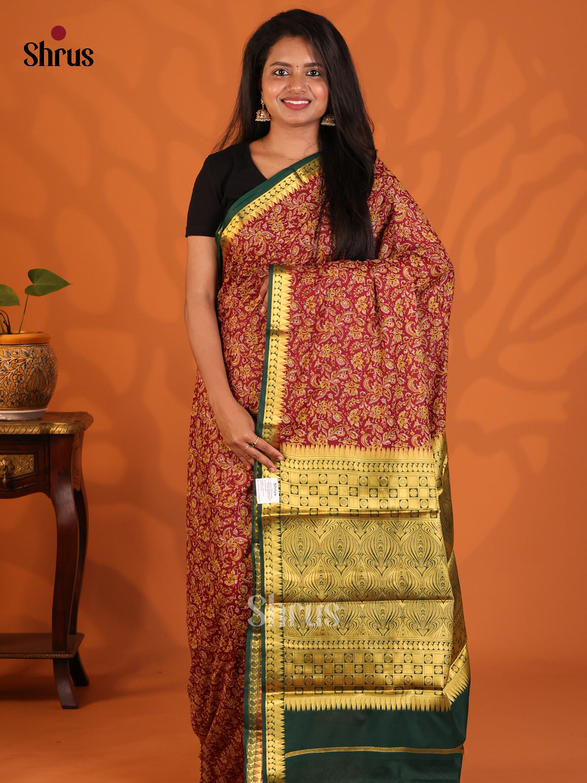Maroon with Green - Semi Mysoresilk Saree - Shop on Shrus.com