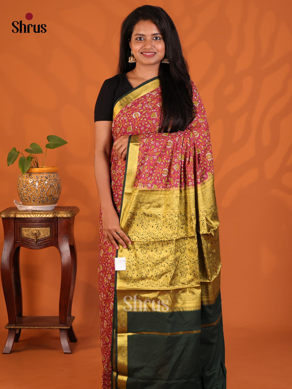 Red with Dark Green - Semi Mysoresilk Saree - Shop on Shrus.com