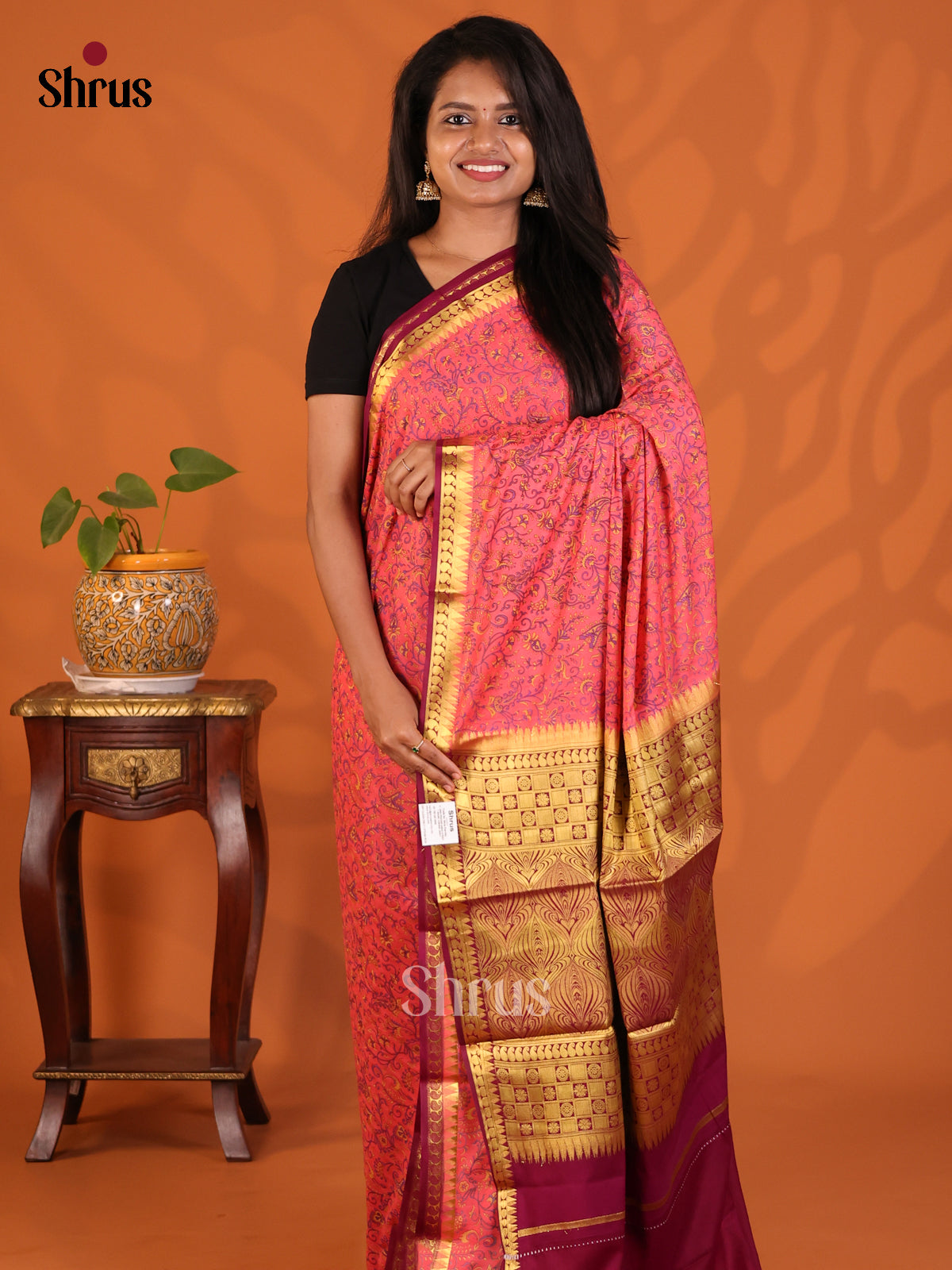 Pink with Maroon - Semi Mysoresilk Saree - Shop on Shrus.com