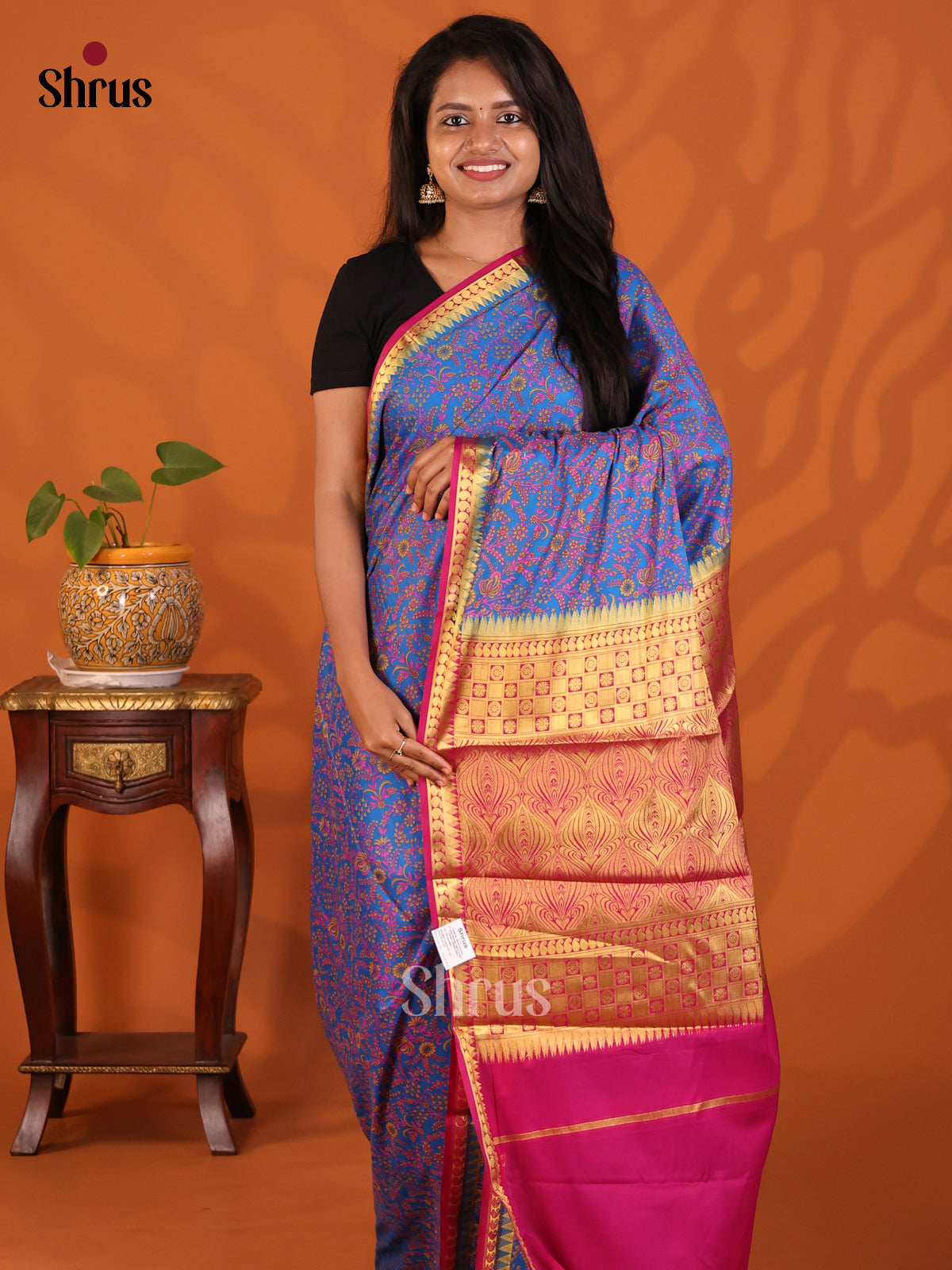 Blue with Majenta- Semi Mysoresilk Saree - Shop on Shrus.com