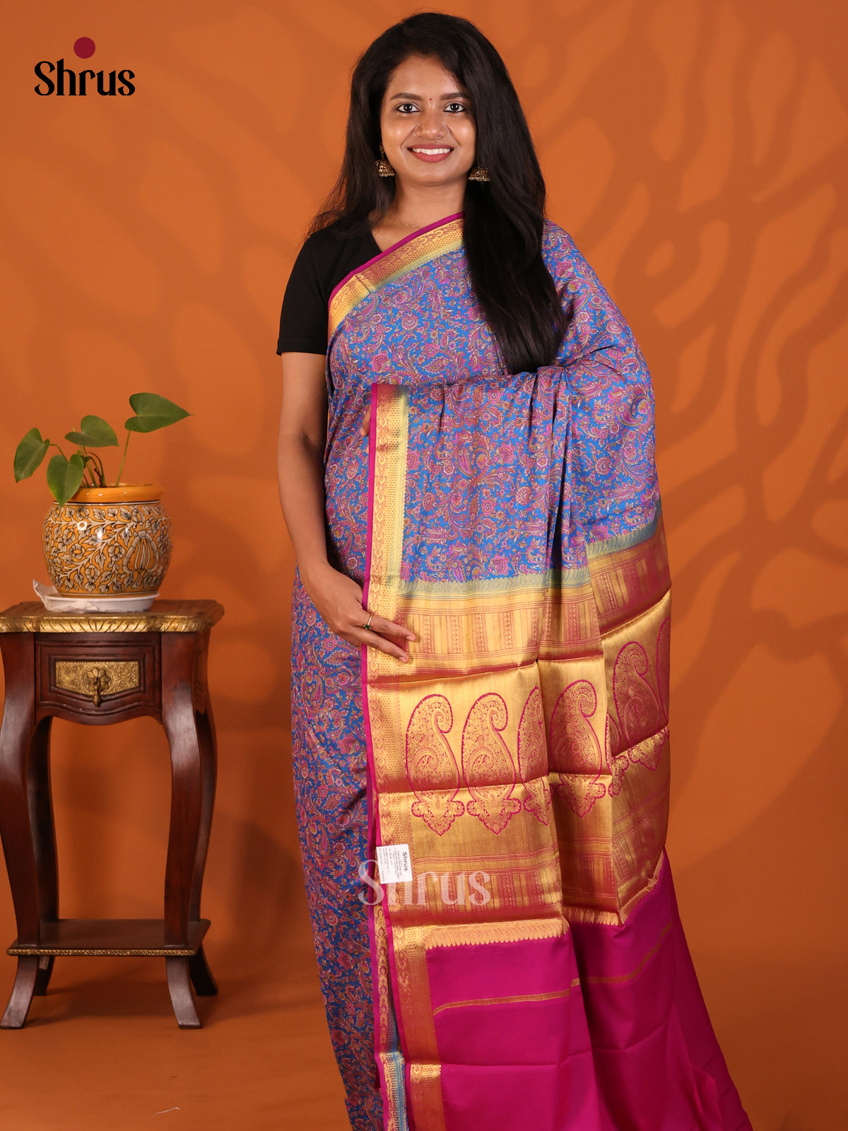 Blue with Majenta - Semi Mysoresilk Saree - Shop on Shrus.com
