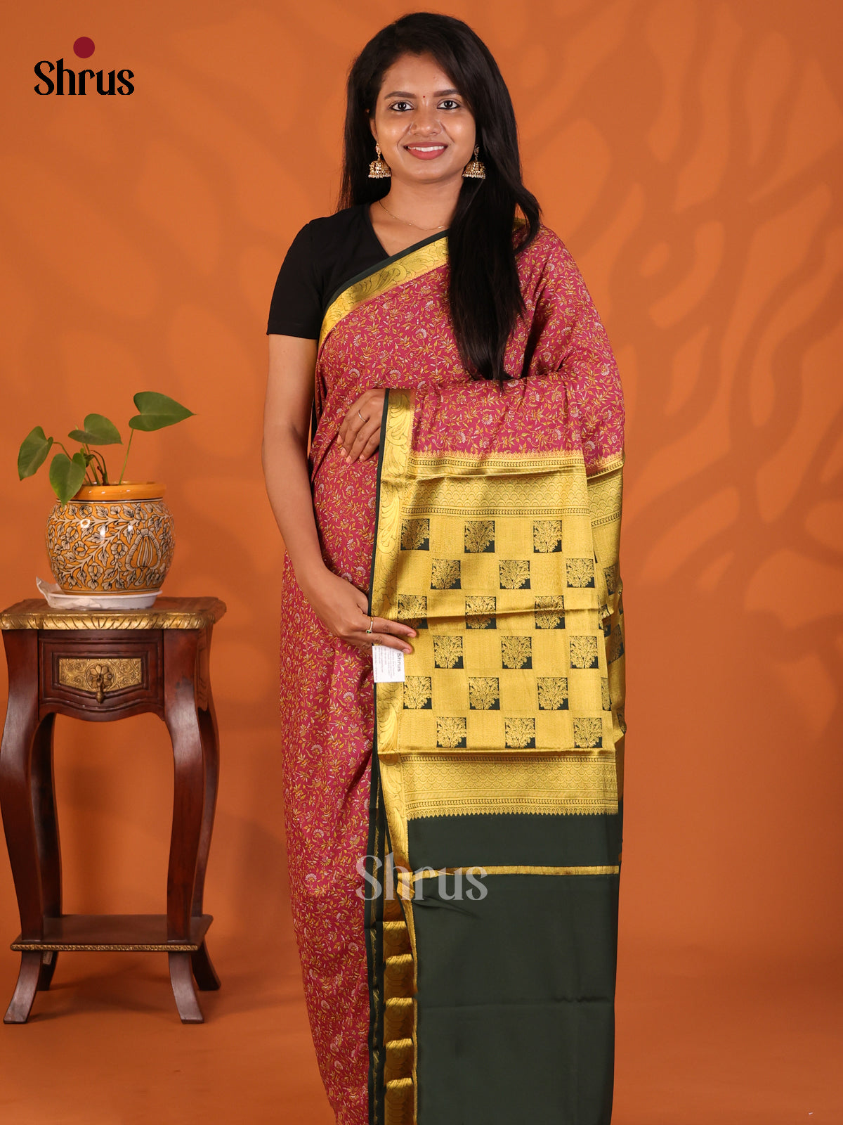 Red with Green - Semi Mysoresilk Saree - Shop on Shrus.com