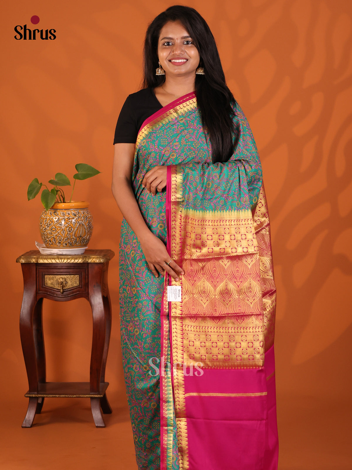 Green with Majenta - Semi Mysoresilk Saree - Shop on Shrus.com
