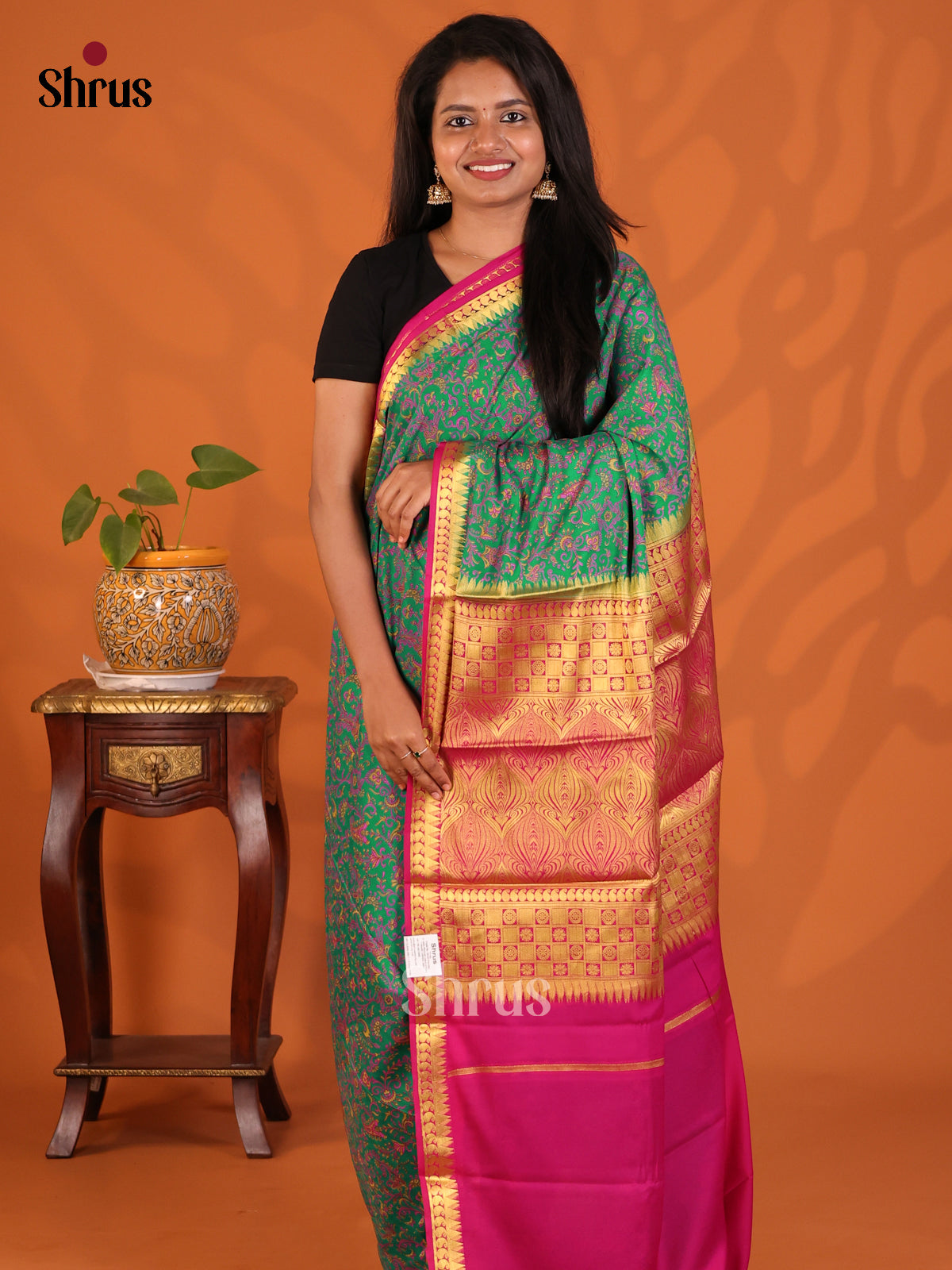 Green with Pink - Semi Mysoresilk Saree - Shop on Shrus.com