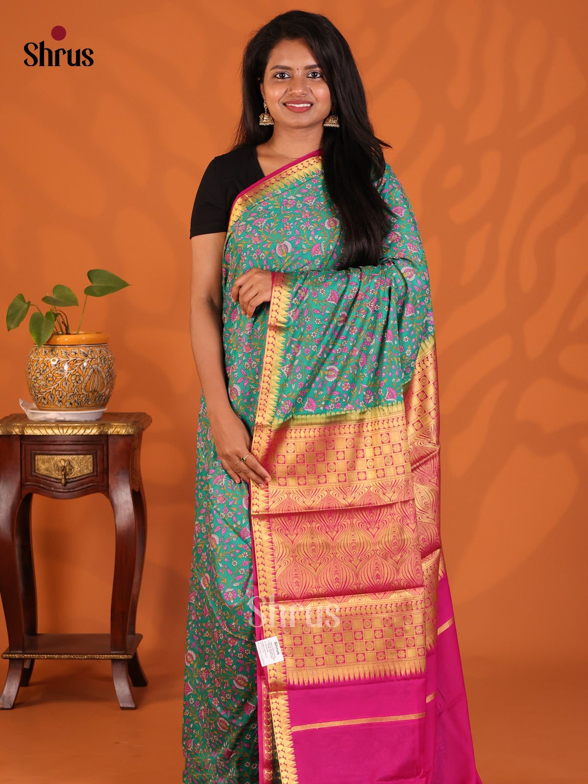 Blue with Pink - Semi Mysoresilk Saree - Shop on Shrus.com