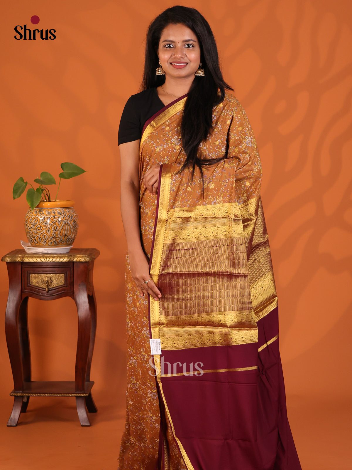 Brown & Maroon - Semi Mysoresilk Saree - Shop on Shrus.com