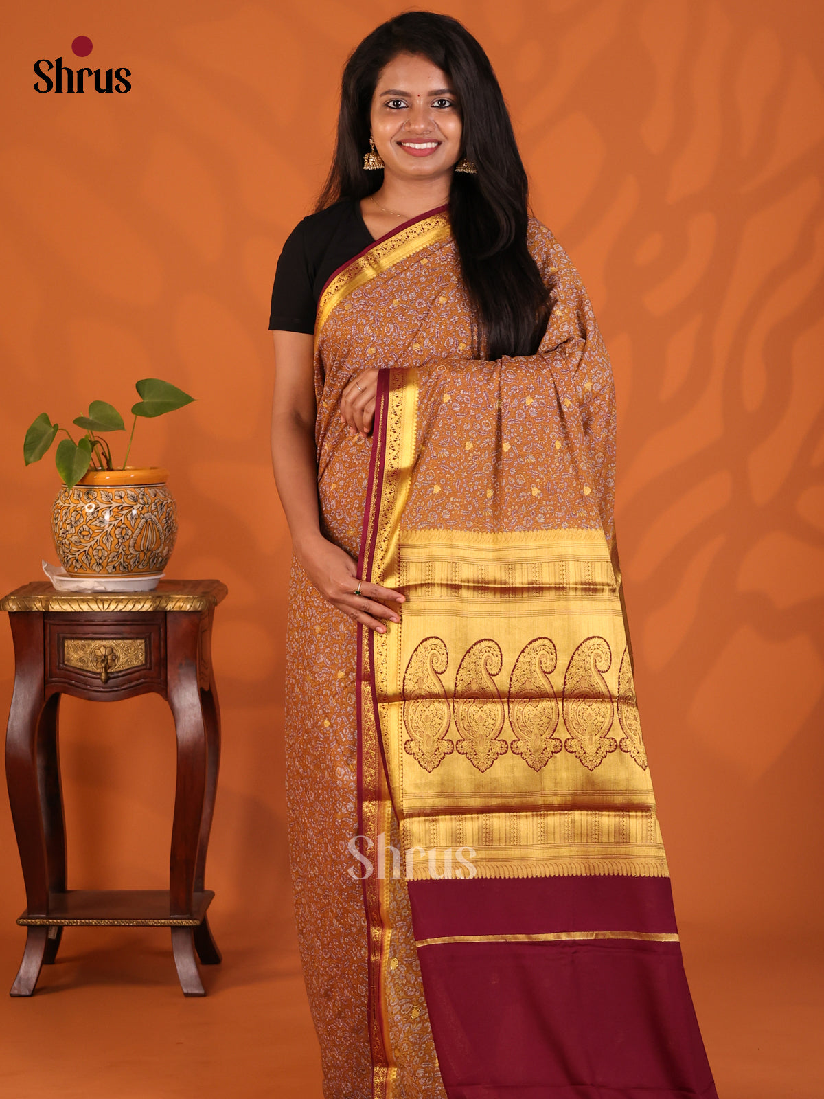 Brown with Maroon - Semi Mysoresilk Saree - Shop on Shrus.com