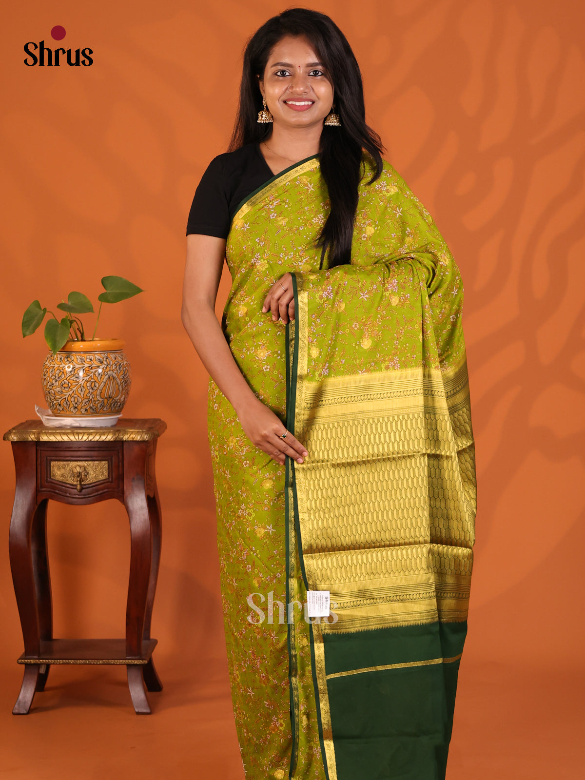 Lite Green with Green - Semi Mysoresilk Saree - Shop on Shrus.com