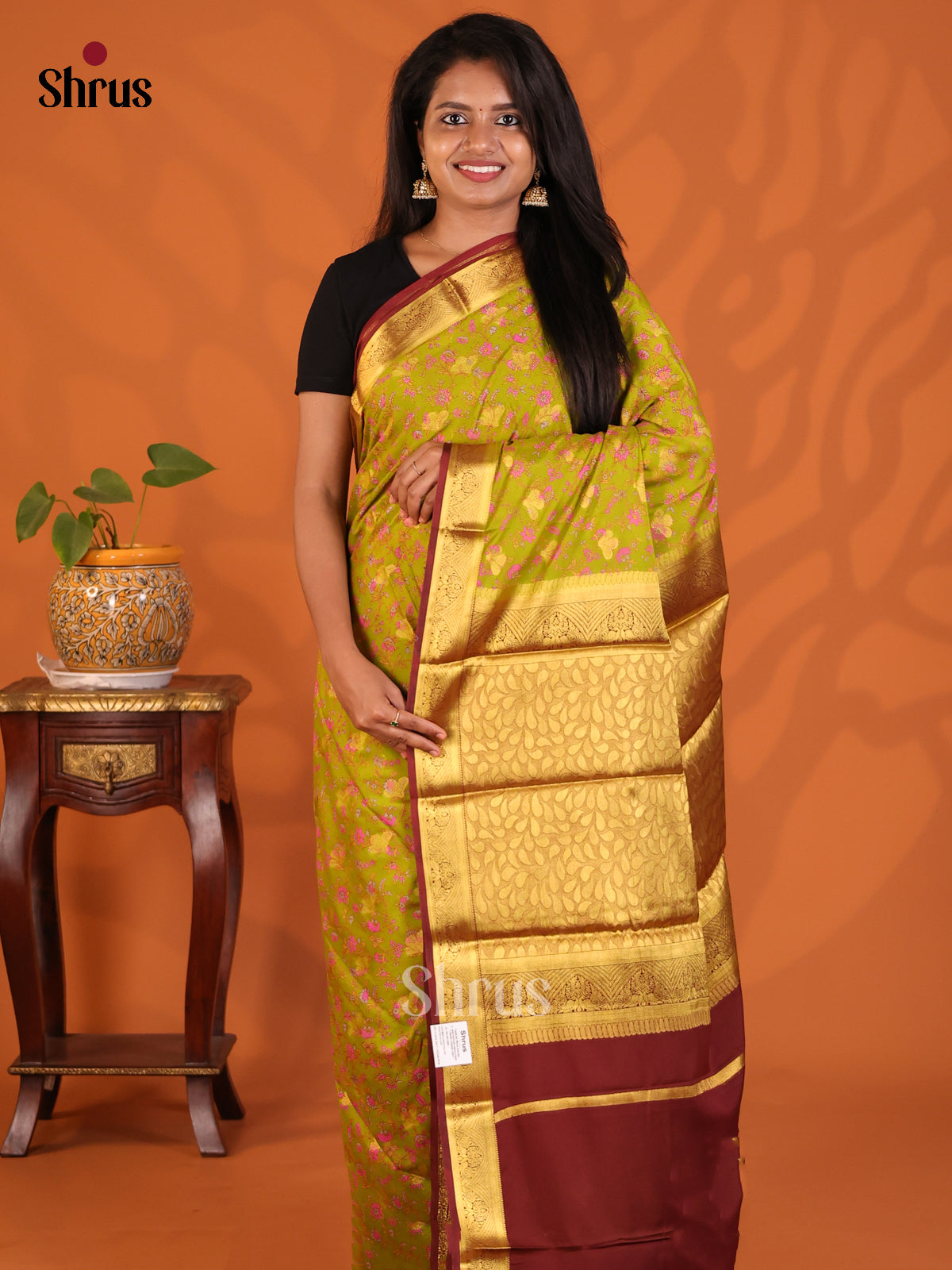 Lite Green with Maroon - Semi Mysoresilk Saree - Shop on Shrus.com