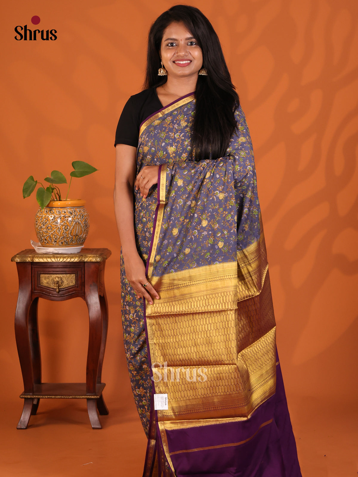 Blue with Purple - Semi Mysoresilk Saree - Shop on Shrus.com