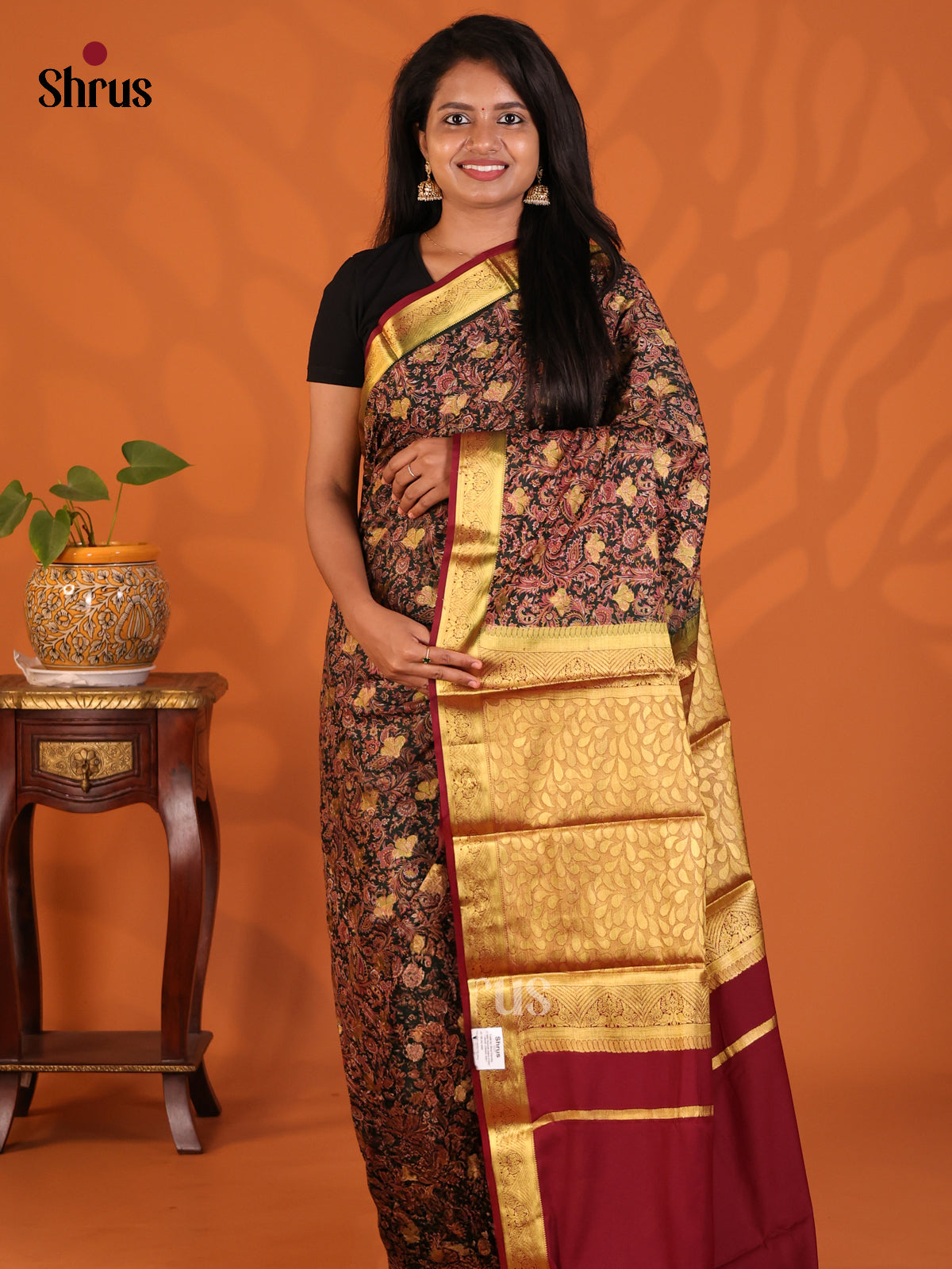 Dark Green with Maroon - Semi Mysoresilk Saree - Shop on Shrus.com