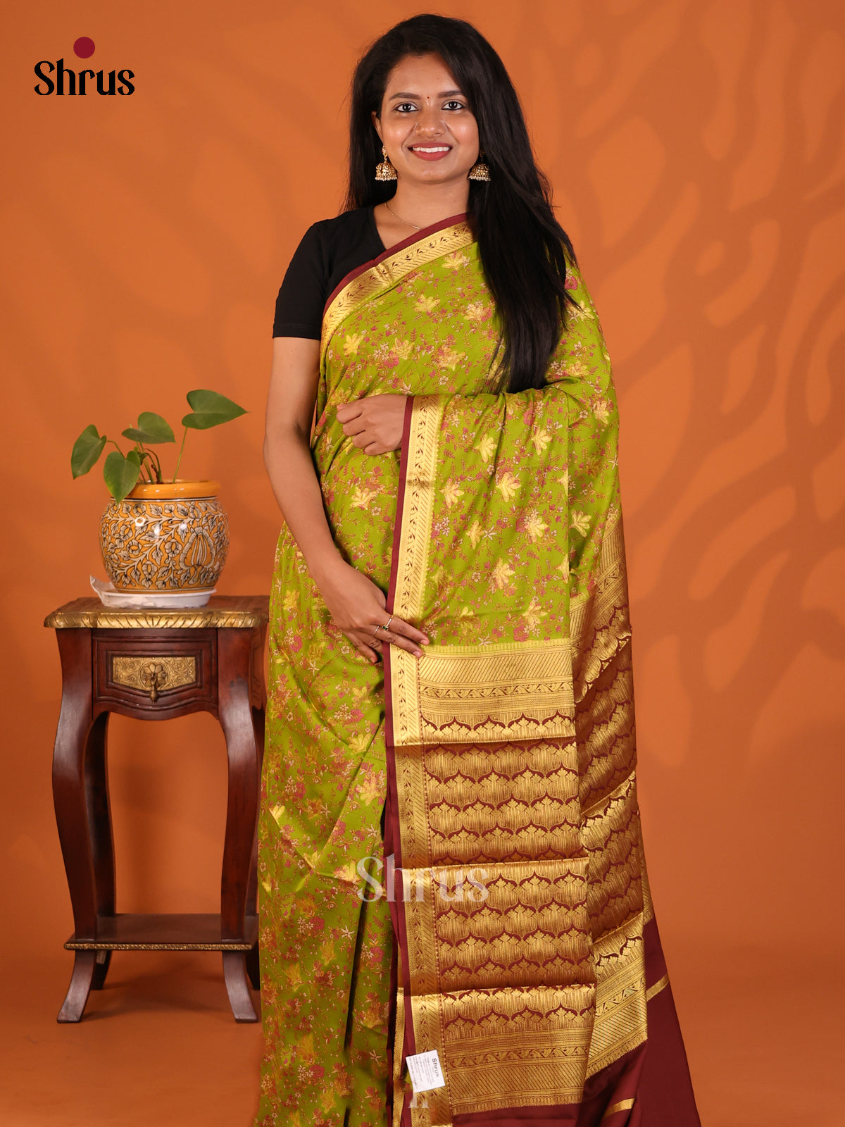 Lite Green & Maroon- Semi Mysoresilk Saree - Shop on Shrus.com