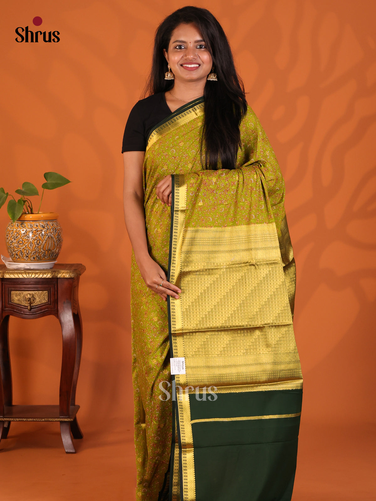 Lite Green with Dark Green - Semi Mysoresilk Saree - Shop on Shrus.com