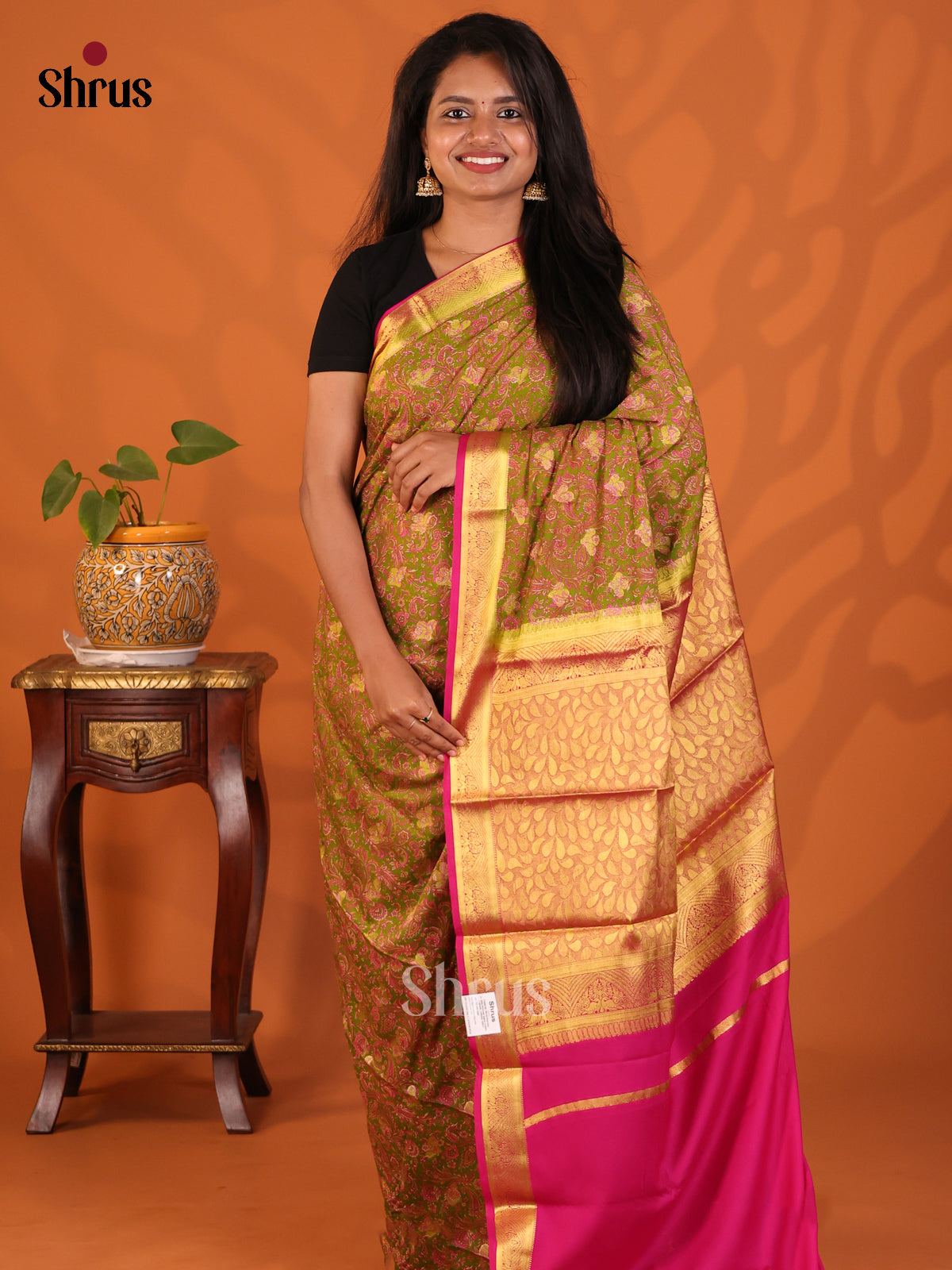Mathulir Green with Pink - Semi Mysoresilk Saree - Shop on Shrus.com