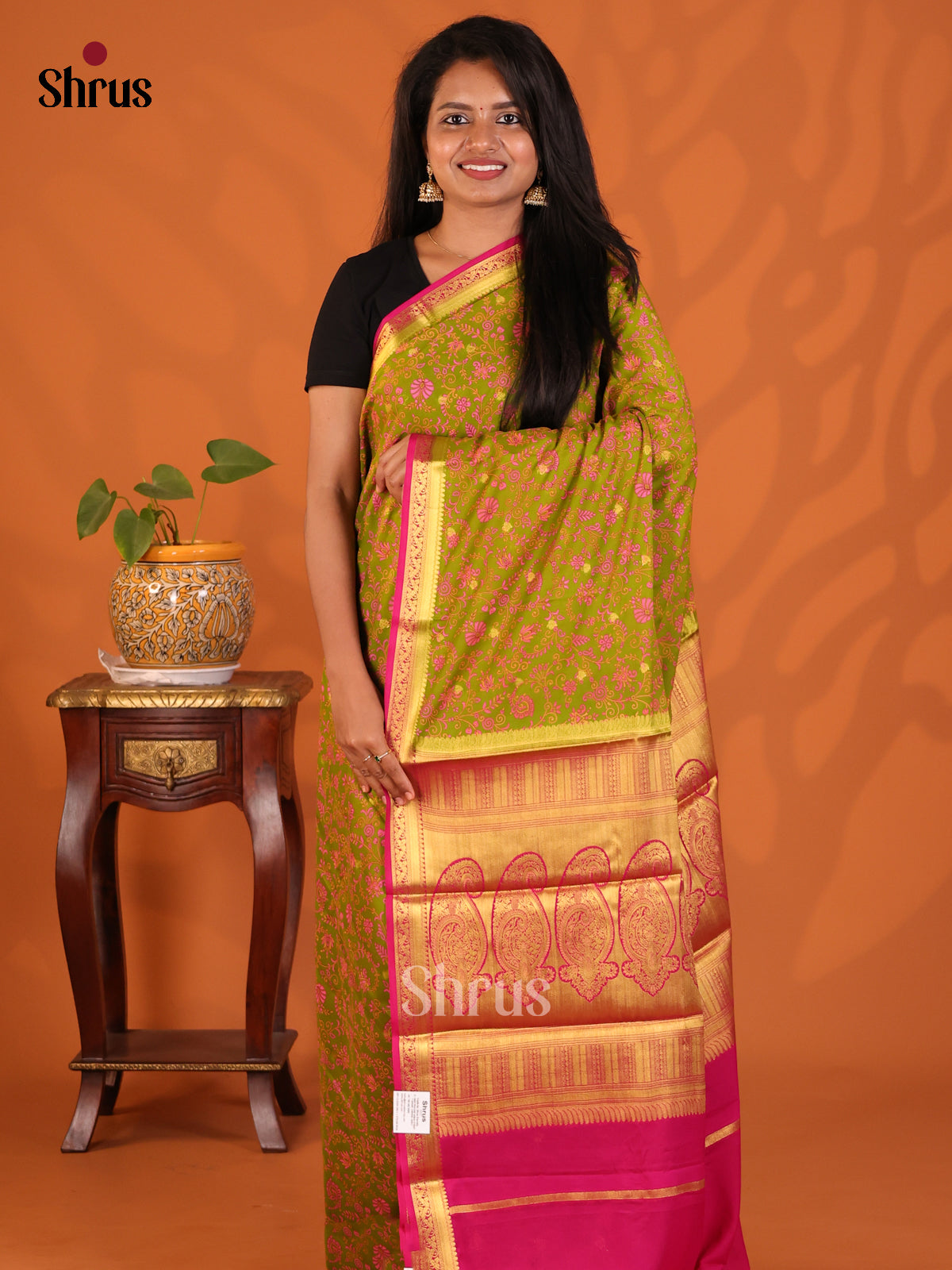 Mathulir Green with Pink - Semi Mysoresilk Saree - Shop on Shrus.com