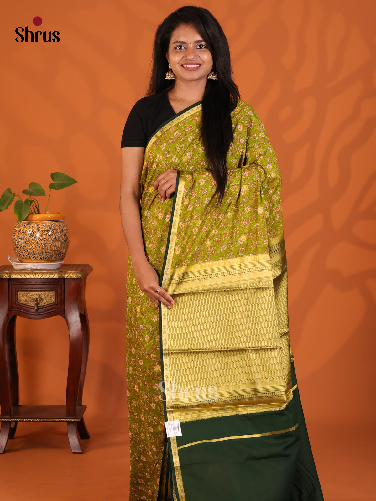 Lite Green with Green - Semi Mysoresilk Saree - Shop on Shrus.com