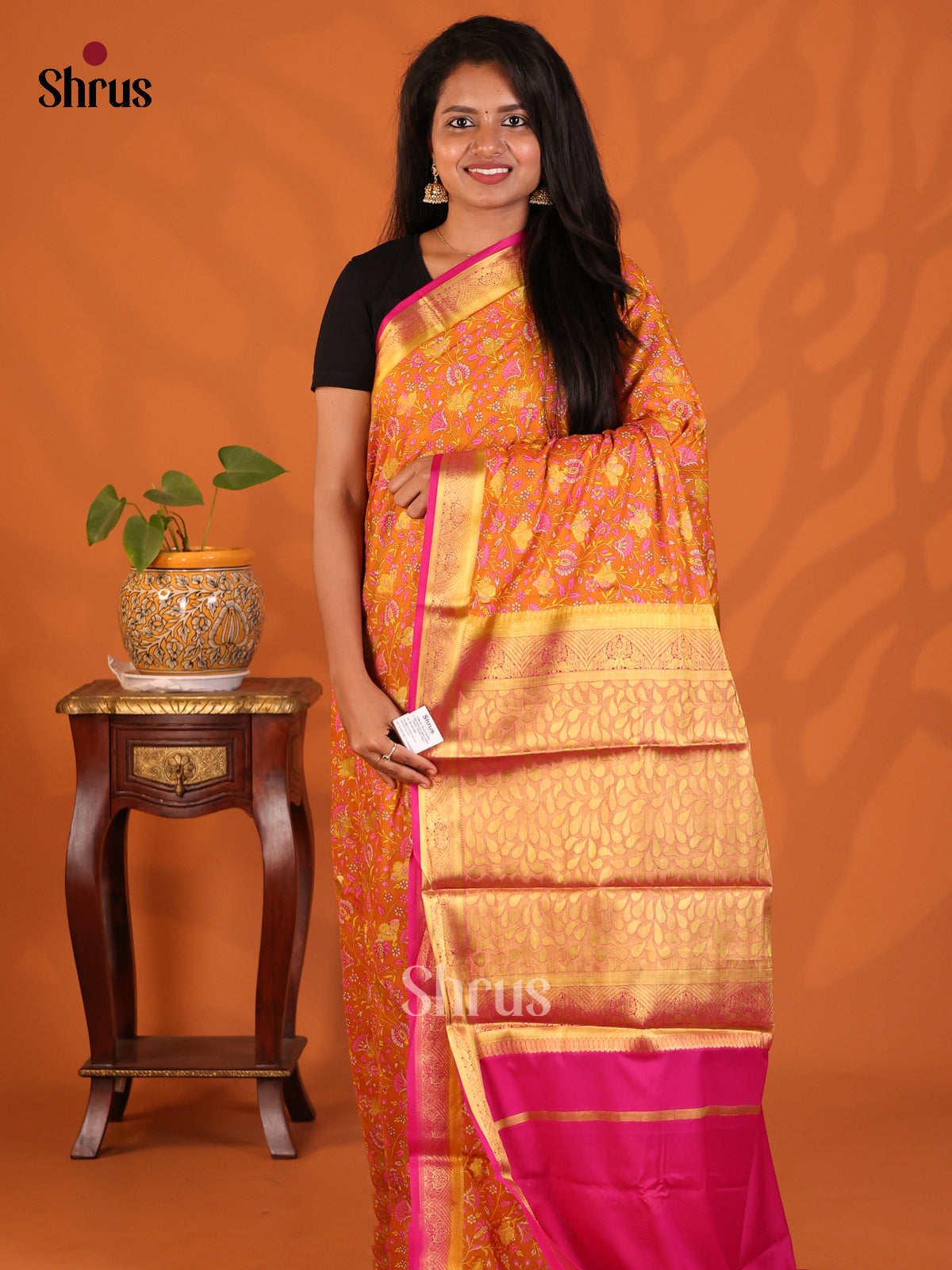 Orange with Pink - Semi Mysoresilk Saree - Shop on Shrus.com