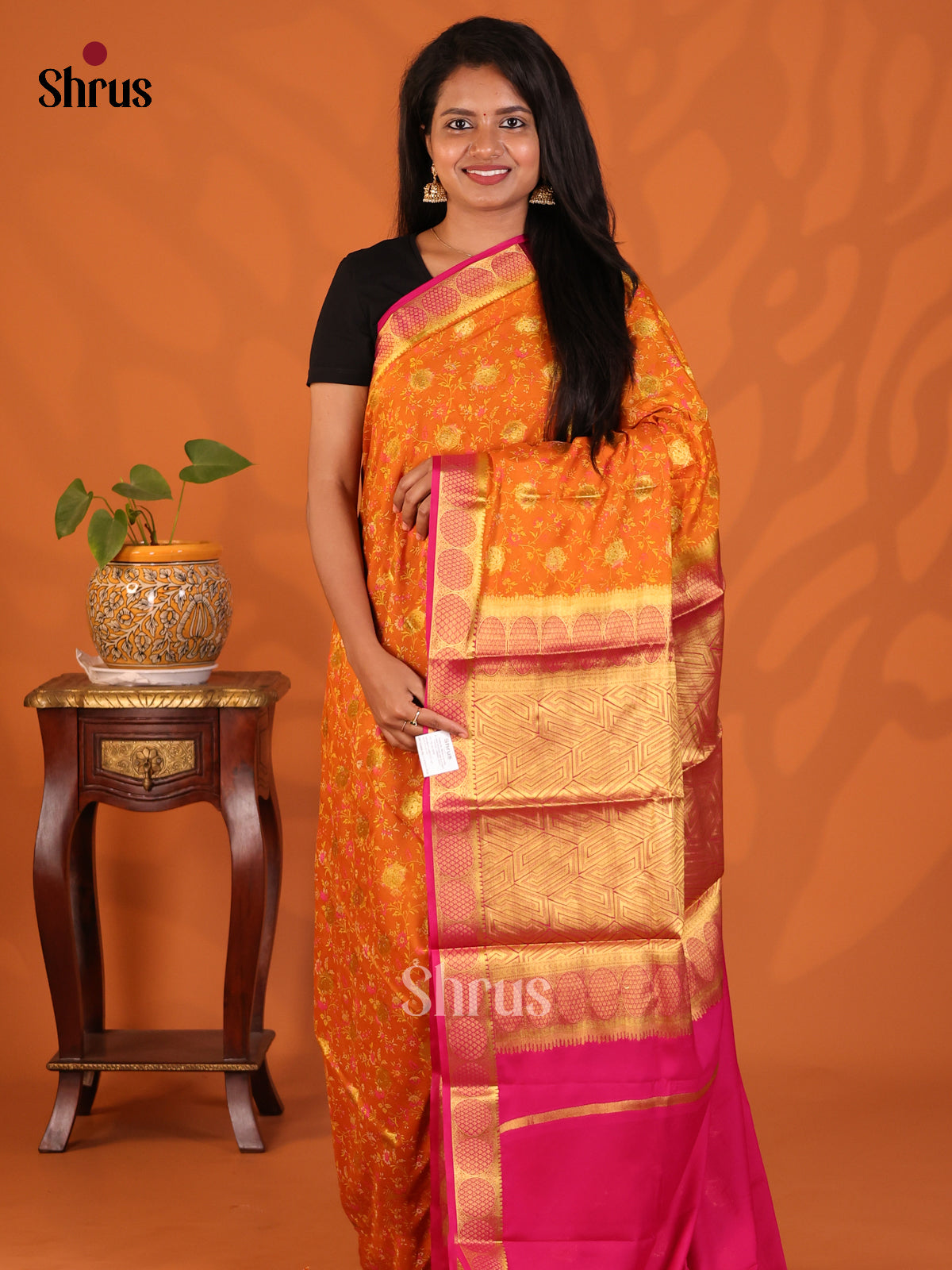 Orange with Pink - Semi Mysoresilk Saree - Shop on Shrus.com