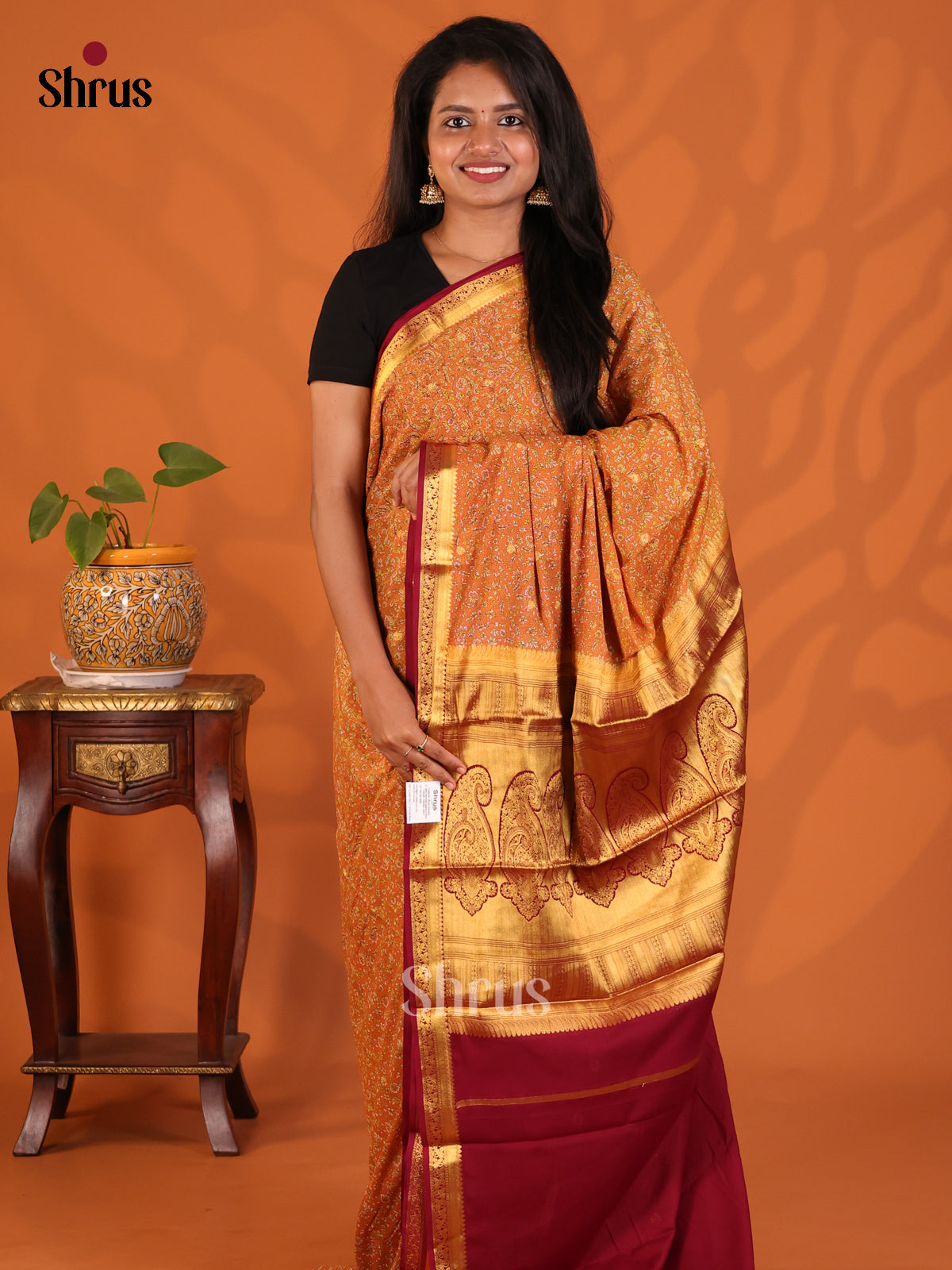 Rust with Maroon - Semi Mysoresilk Saree - Shop on Shrus.com