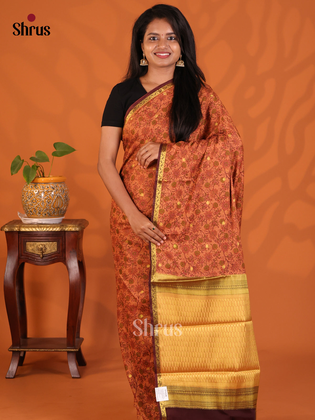 Rust with Brown- Semi Mysoresilk Saree - Shop on Shrus.com