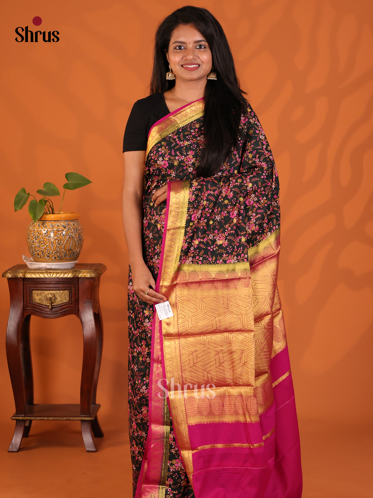 Black with Majenta - Semi Mysoresilk Saree - Shop on Shrus.com