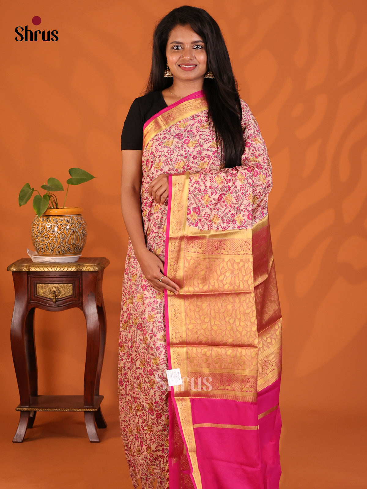Dusty Pink with Pink - Semi Mysoresilk Saree - Shop on Shrus.com
