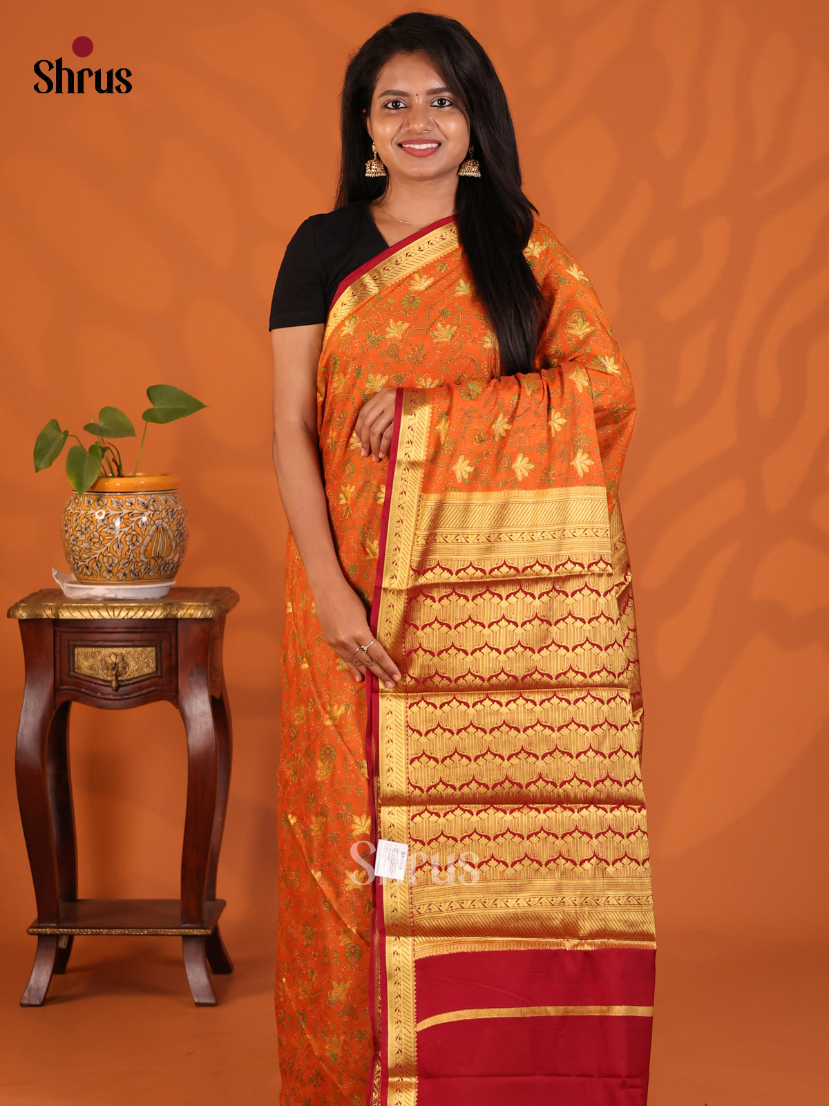 Orange with Maroon - Semi Mysoresilk Saree - Shop on Shrus.com