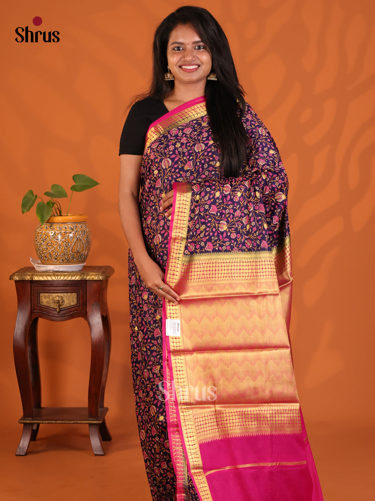 Violet with Pink - Semi Mysoresilk Saree - Shop on Shrus.com