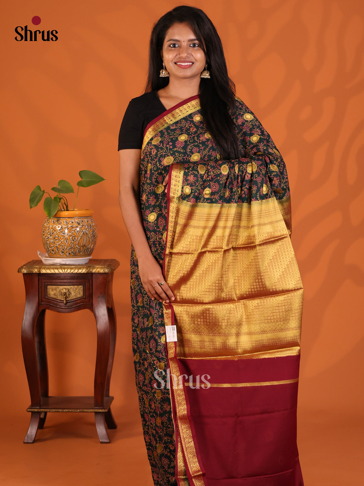 Dark Green & Maroon- Semi Mysoresilk Saree - Shop on Shrus.com