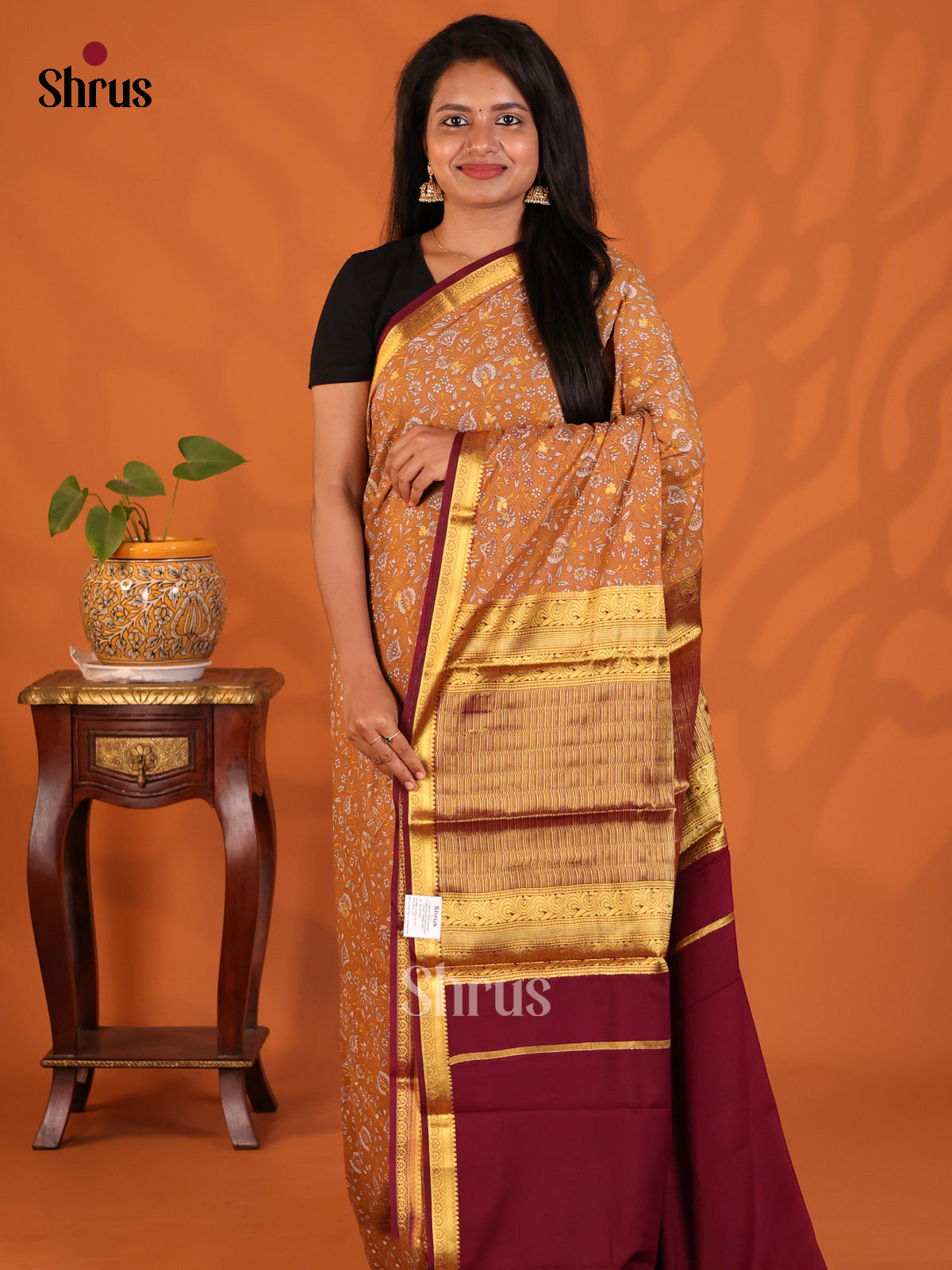 Brown with Maroon - Semi Mysoresilk Saree - Shop on Shrus.com
