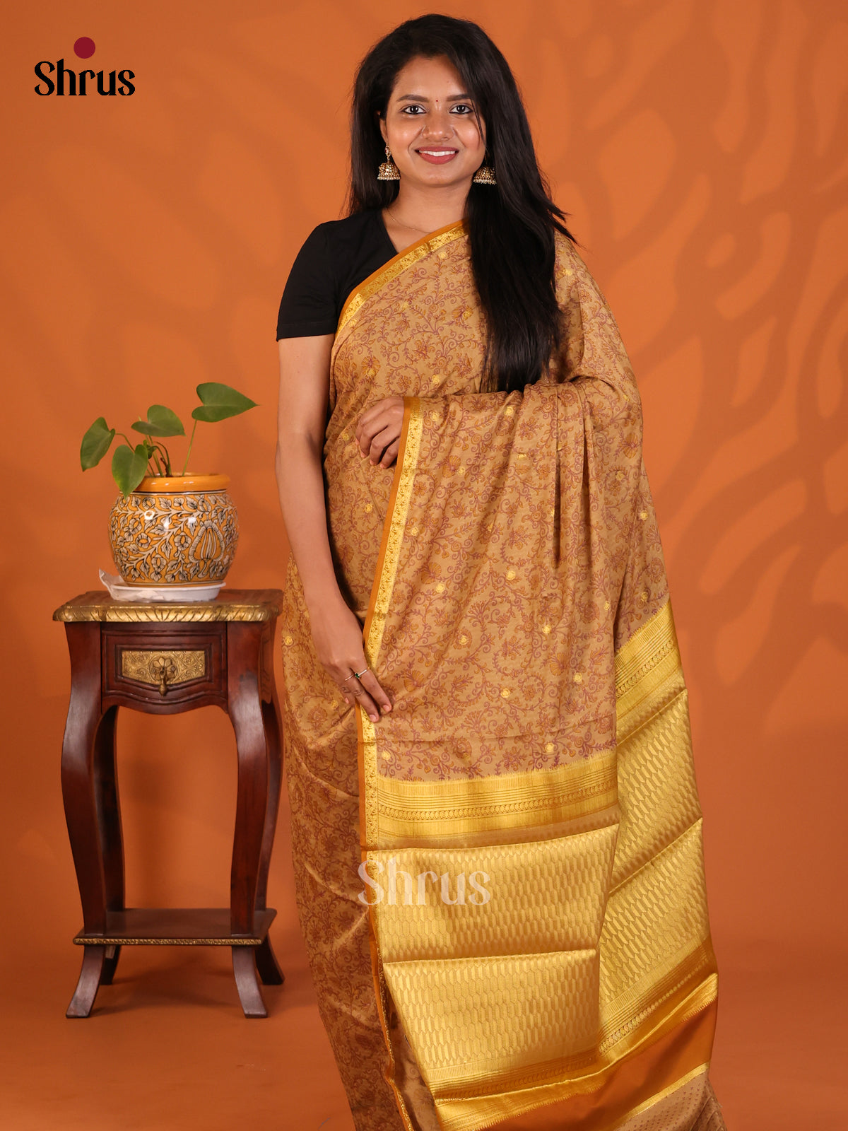 Lite Brown with Mustard - Semi Mysoresilk Saree - Shop on Shrus.com