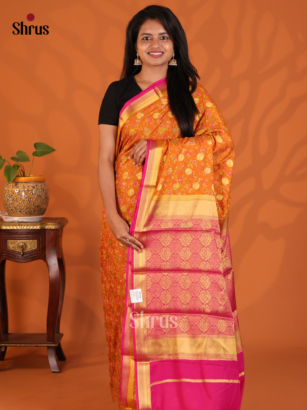 Orange with Pink - Semi Mysoresilk Saree - Shop on Shrus.com