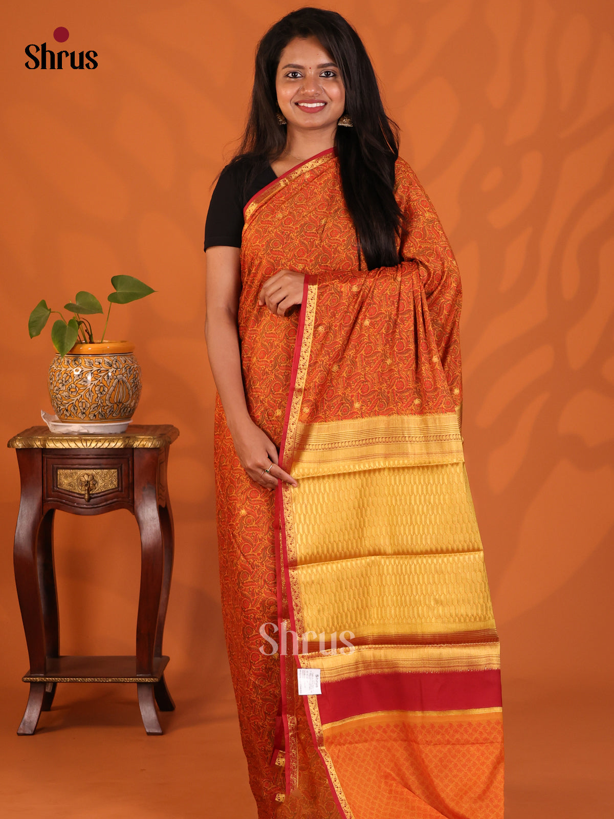 Orange with Maroon- Semi Mysoresilk Saree - Shop on Shrus.com