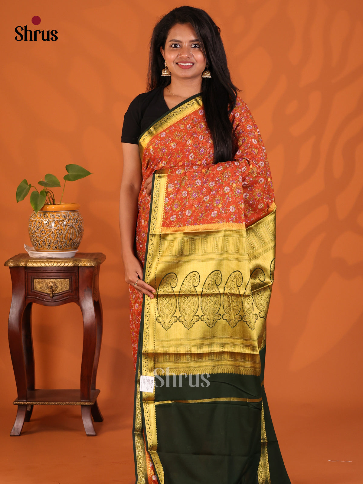 Orange with Green - Semi Mysoresilk Saree - Shop on Shrus.com