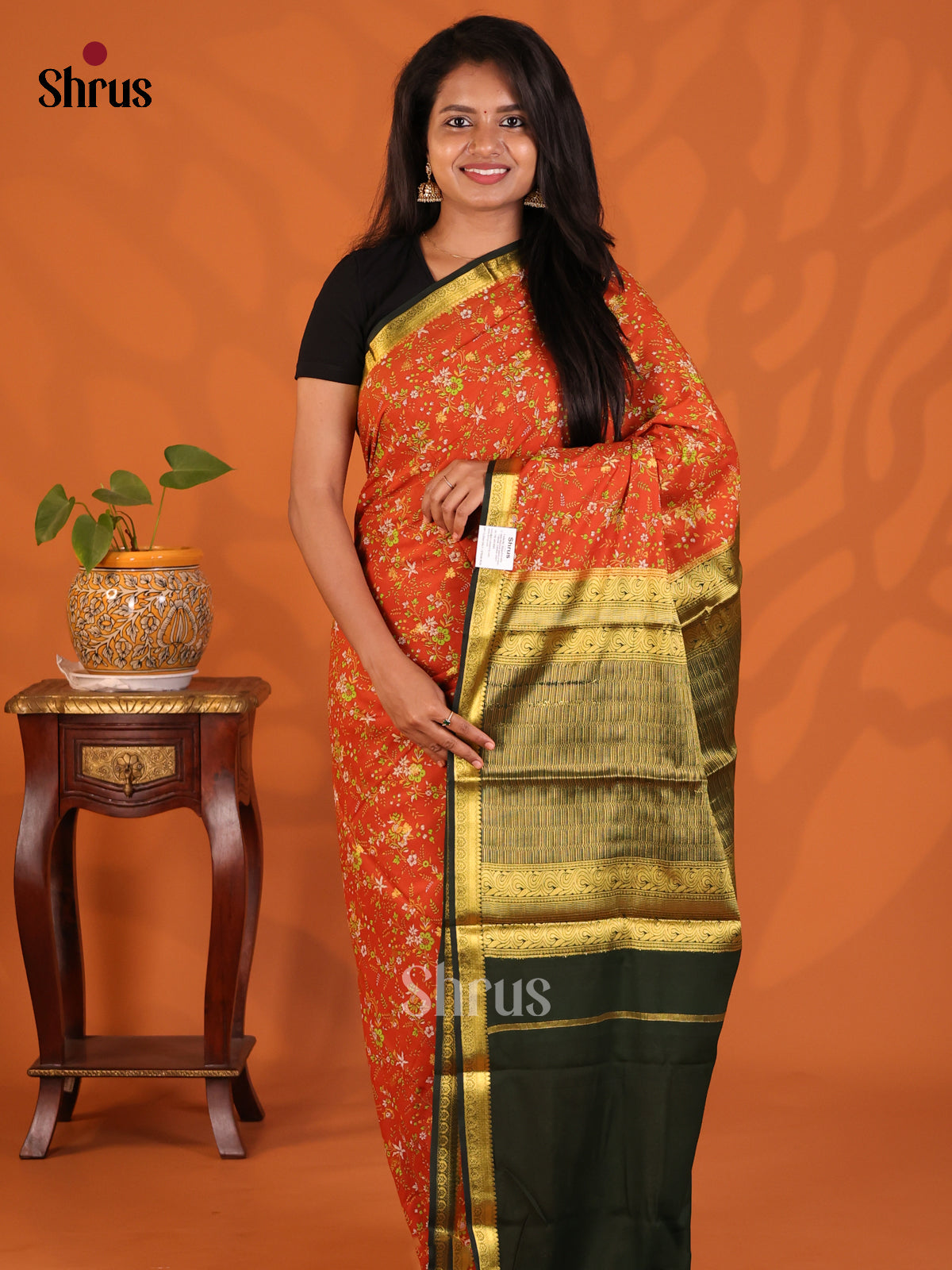 Orange with Green - Semi Mysoresilk Saree - Shop on Shrus.com