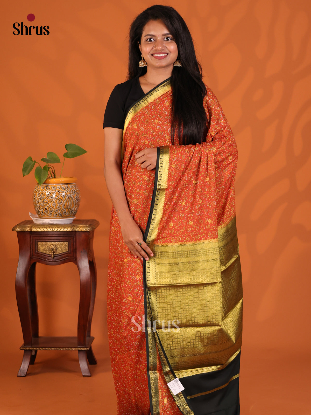 Orange with Black - Semi Mysoresilk Saree - Shop on Shrus.com