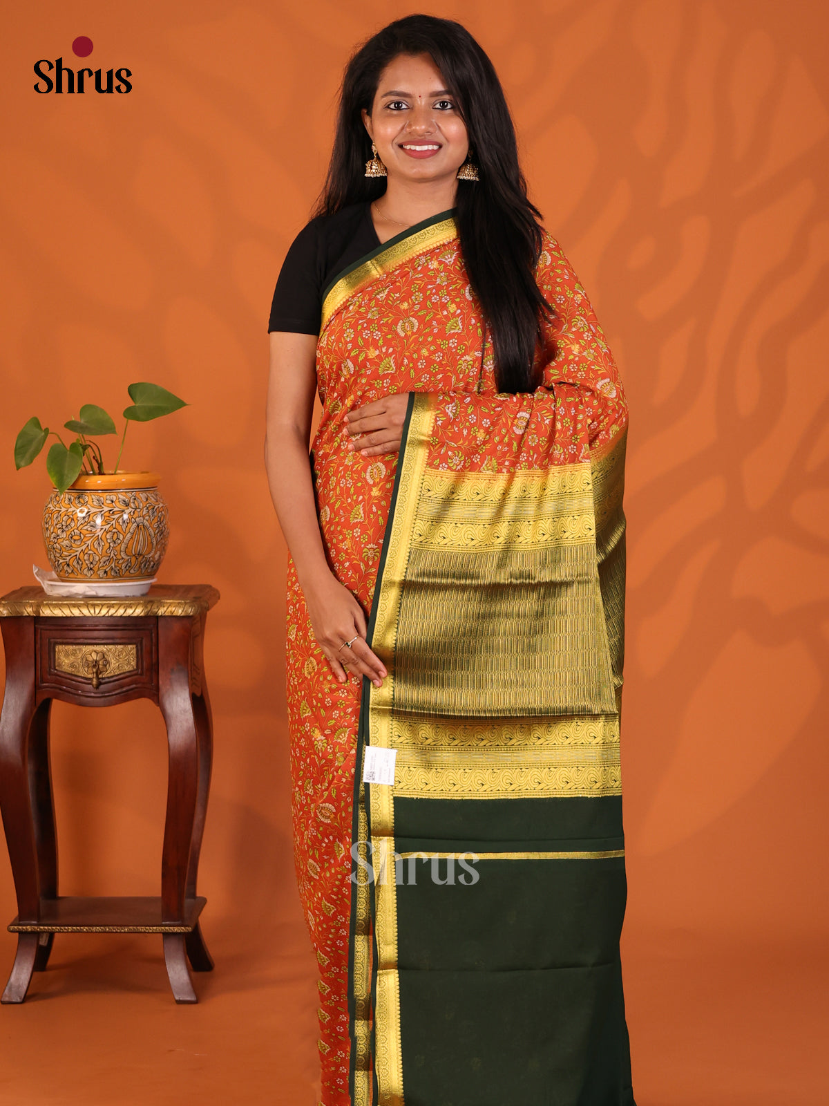 Orange with Green - Semi Mysoresilk Saree - Shop on Shrus.com