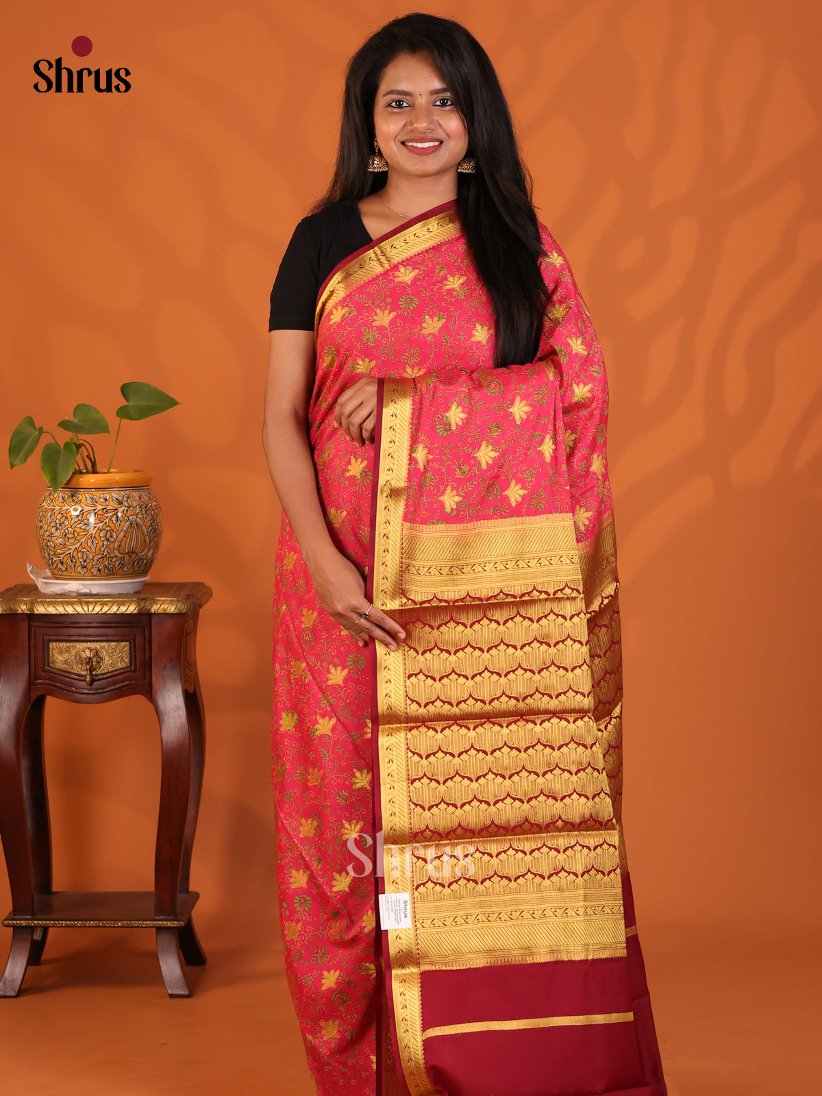 Pink with Maroon - Semi Mysoresilk Saree - Shop on Shrus.com