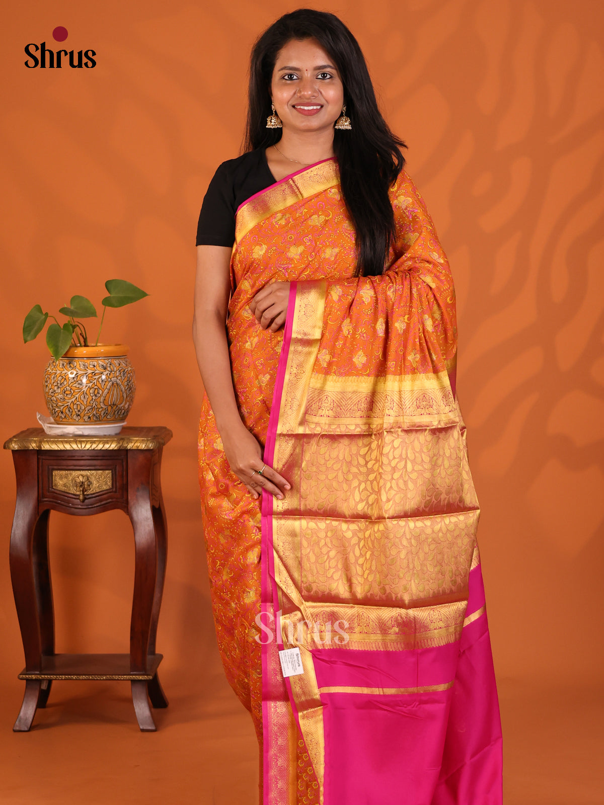 Orange with Pink - Semi Mysoresilk Saree - Shop on Shrus.com