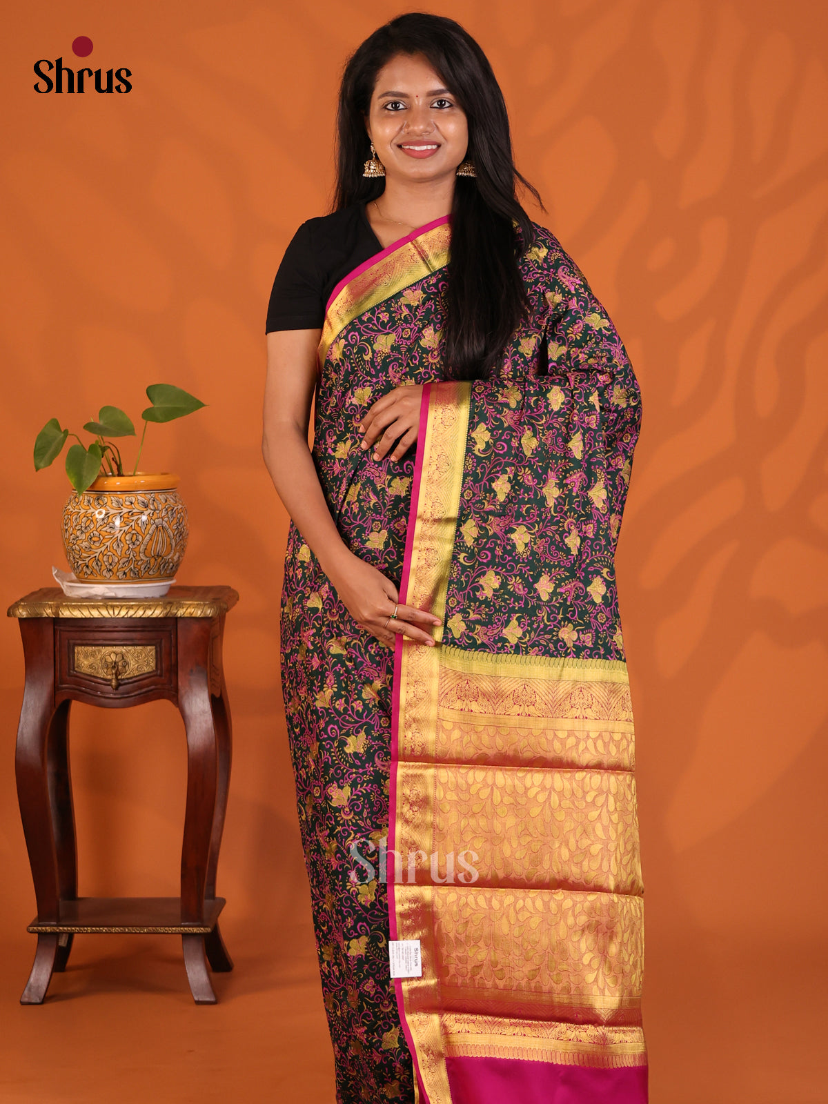 Dark Green with Pink - Semi Mysoresilk Saree - Shop on Shrus.com