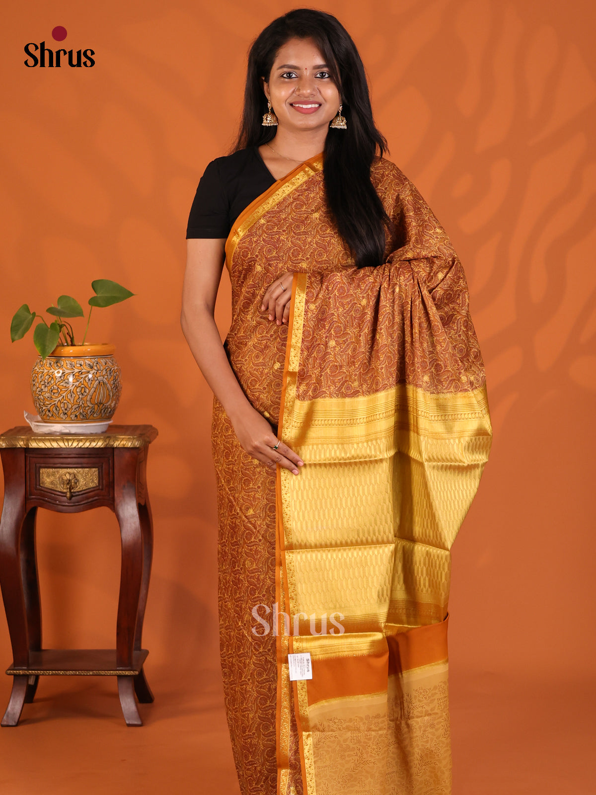 Lite Brown with Mustard - Semi Mysoresilk Saree - Shop on Shrus.com