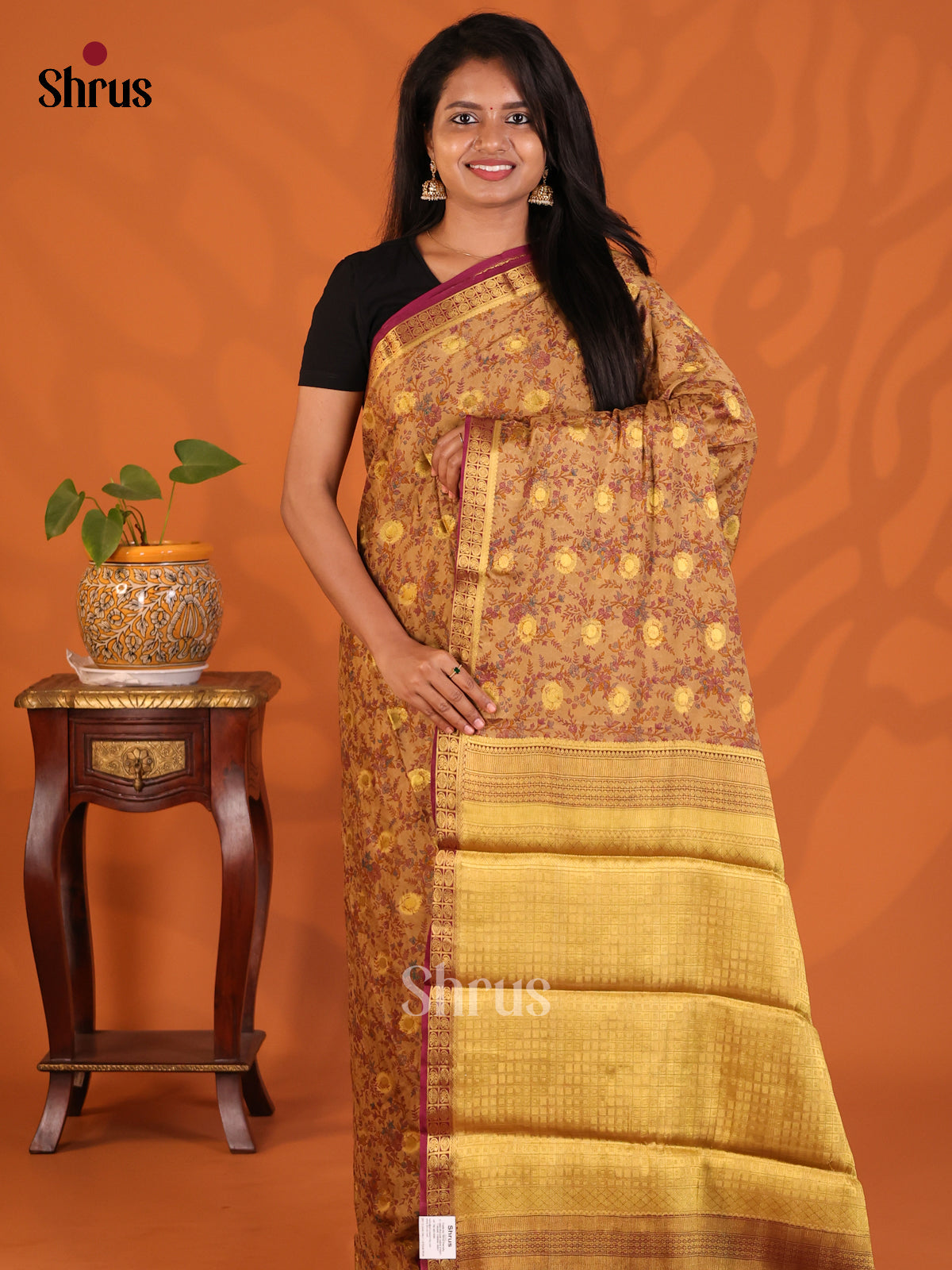 Mustard with Maroon- Semi Mysoresilk Saree - Shop on Shrus.com