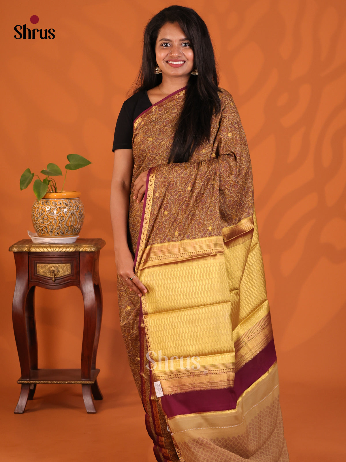 Brown with Maroon - Semi Mysoresilk Saree - Shop on Shrus.com