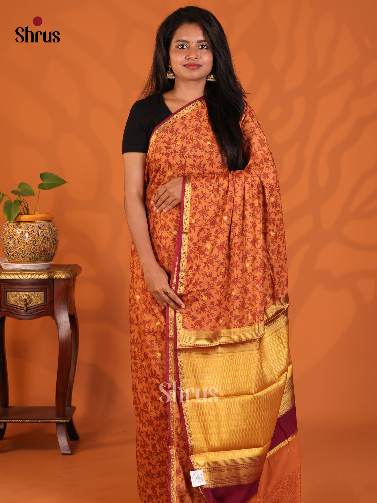 Rust with Maroon - Semi Mysoresilk Saree - Shop on Shrus.com
