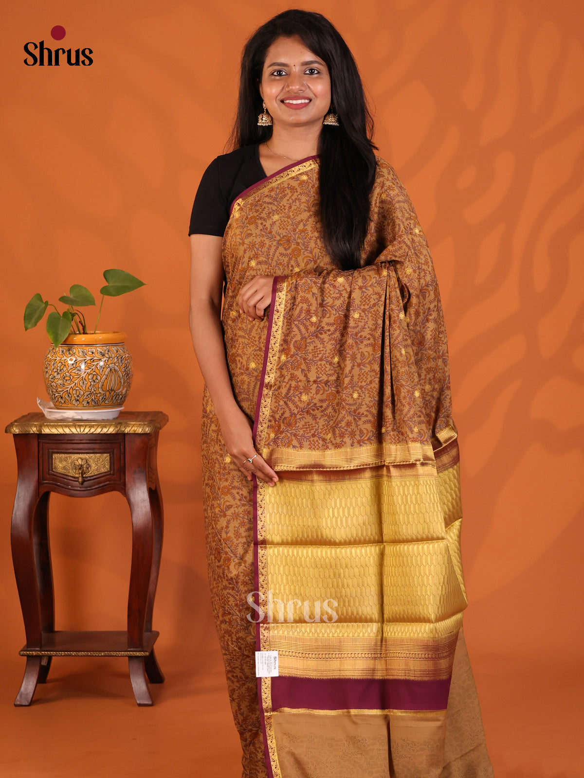 Brown with Maroon - Semi Mysoresilk Saree - Shop on Shrus.com