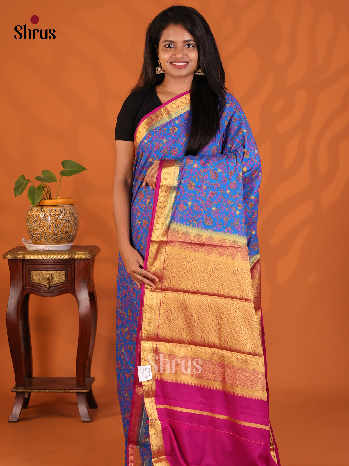Blue with Majenta - Semi Mysoresilk Saree - Shop on Shrus.com