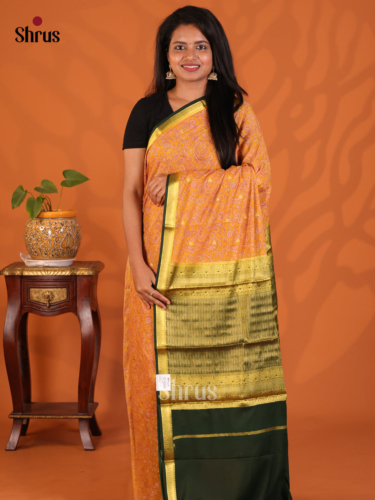 Orange with Green - Semi Mysoresilk Saree - Shop on Shrus.com