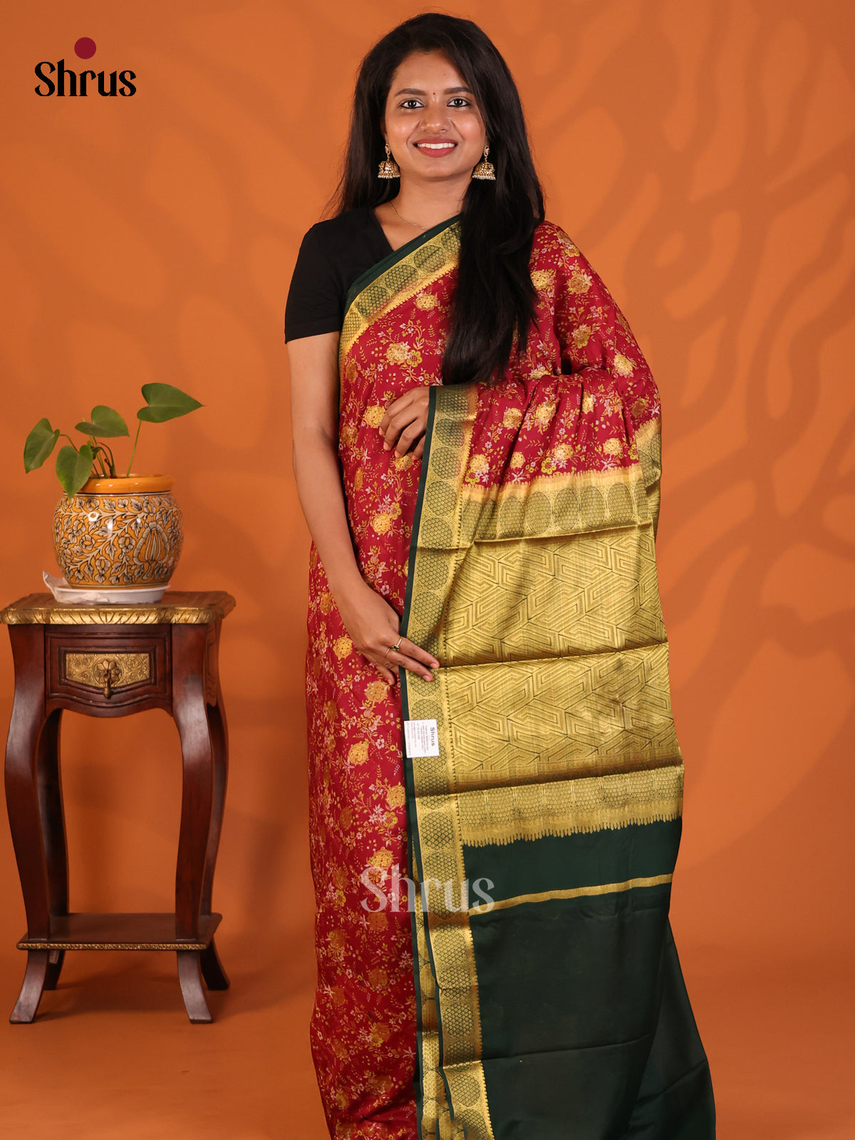Maroon with Green- Semi Mysoresilk Saree - Shop on Shrus.com